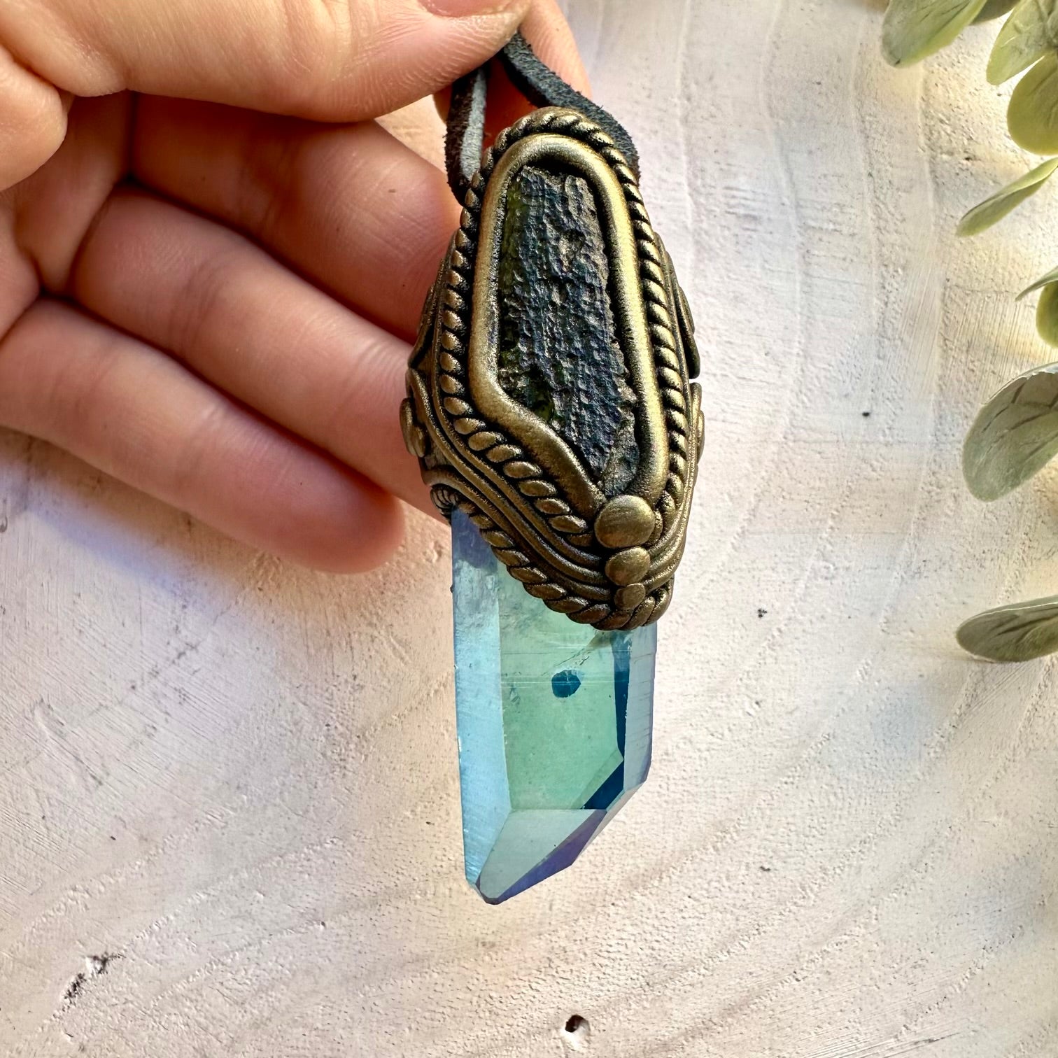 Aqua aura quartz and moldavite pendant necklace, handmade spiritual jewelry