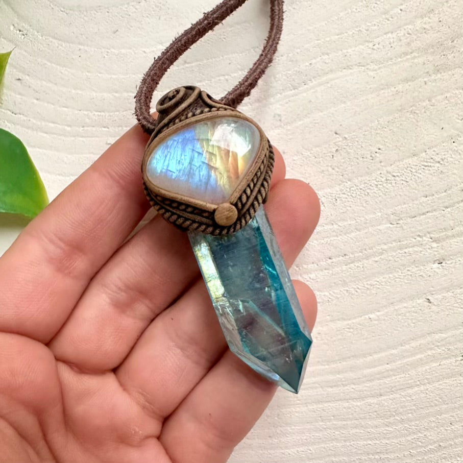 Handmade gemstone necklace with Aqua Aura Quartz and Rainbow Moonstone