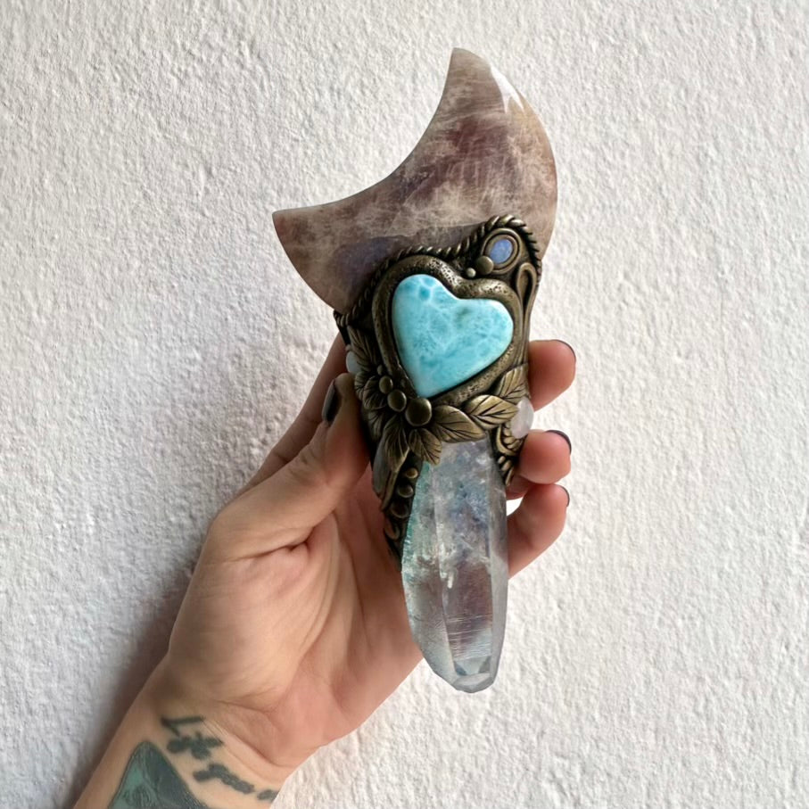 Handmade crystal wand with Aqua Aura Quartz point and Moonstone moon