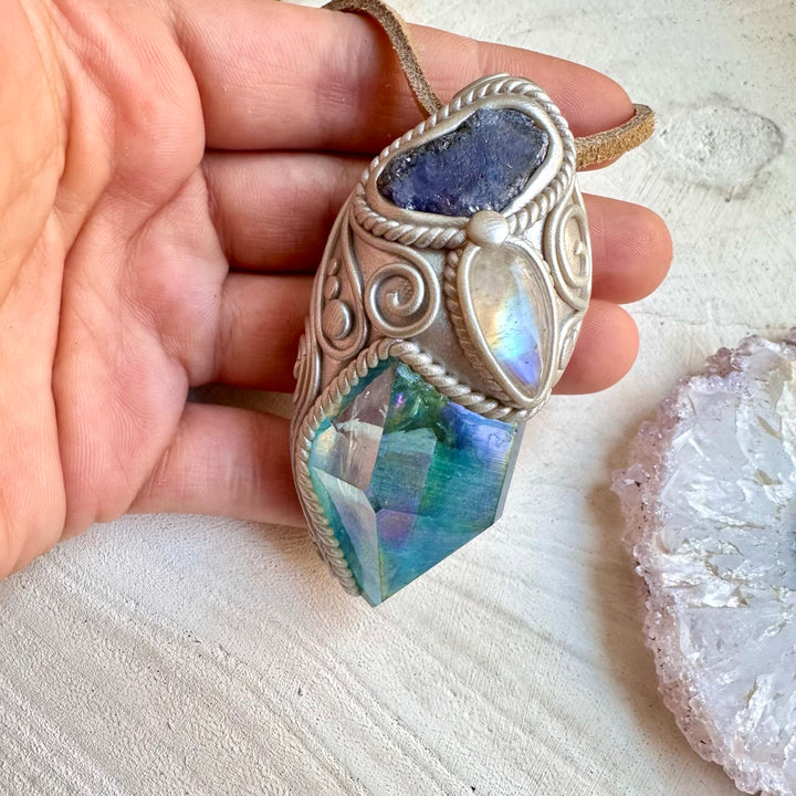 Handmade healing crystal necklace with aqua aura quartz and moonstone
