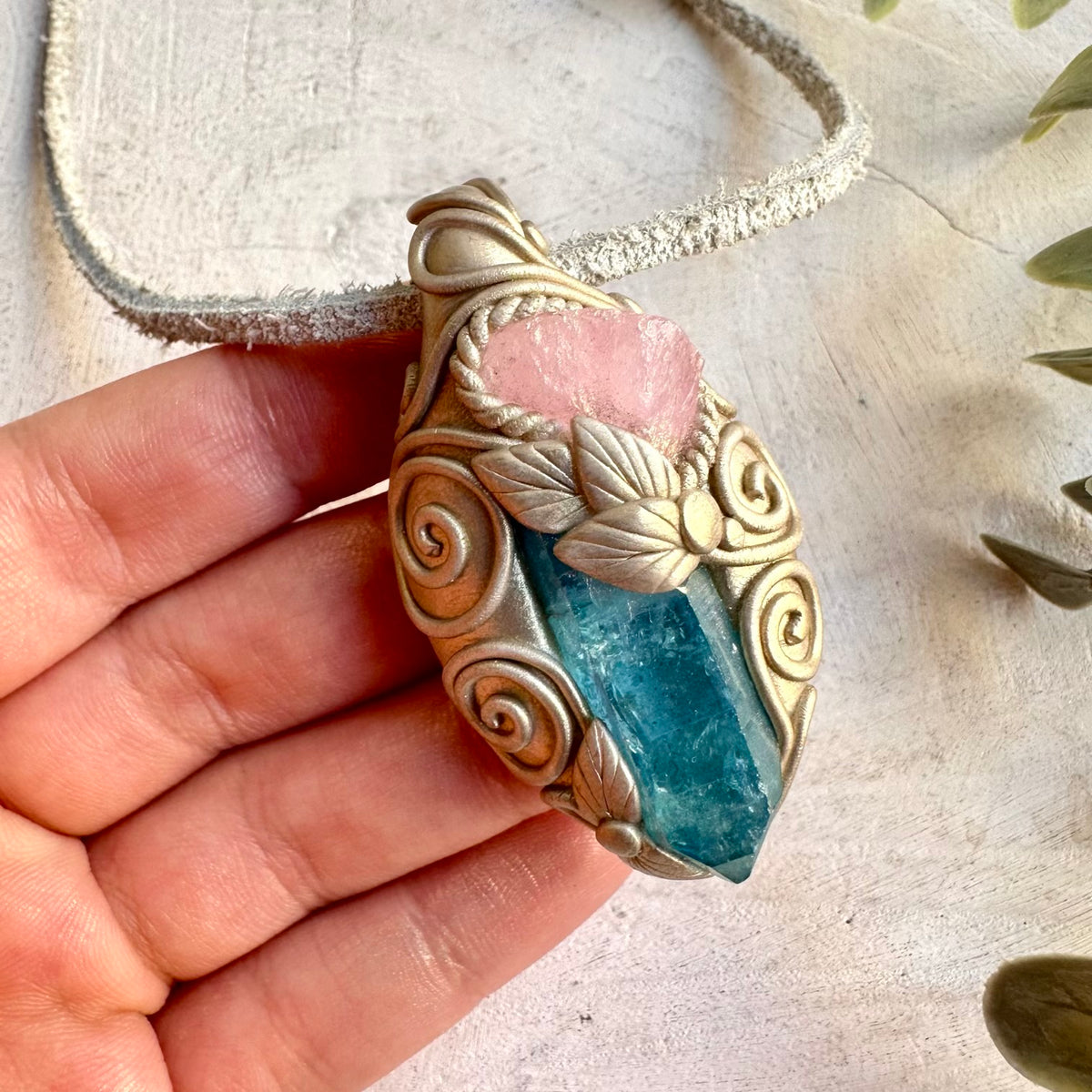 One of a kind gemstone necklace with luminous Aqua Aura Quartz and soft pink Morganite.