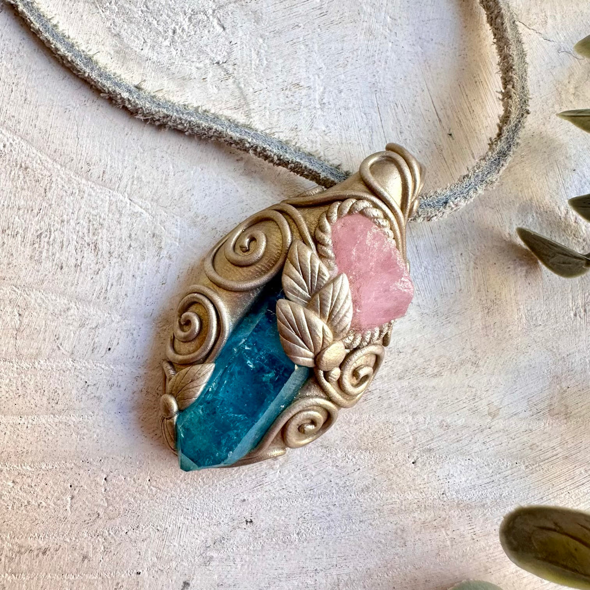 Spiritual gemstone jewelry handcrafted with Aqua Aura Quartz and Morganite.