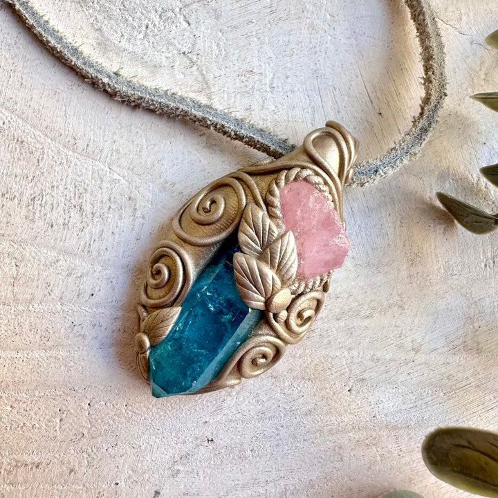 Spiritual gemstone jewelry handcrafted with Aqua Aura Quartz and Morganite.