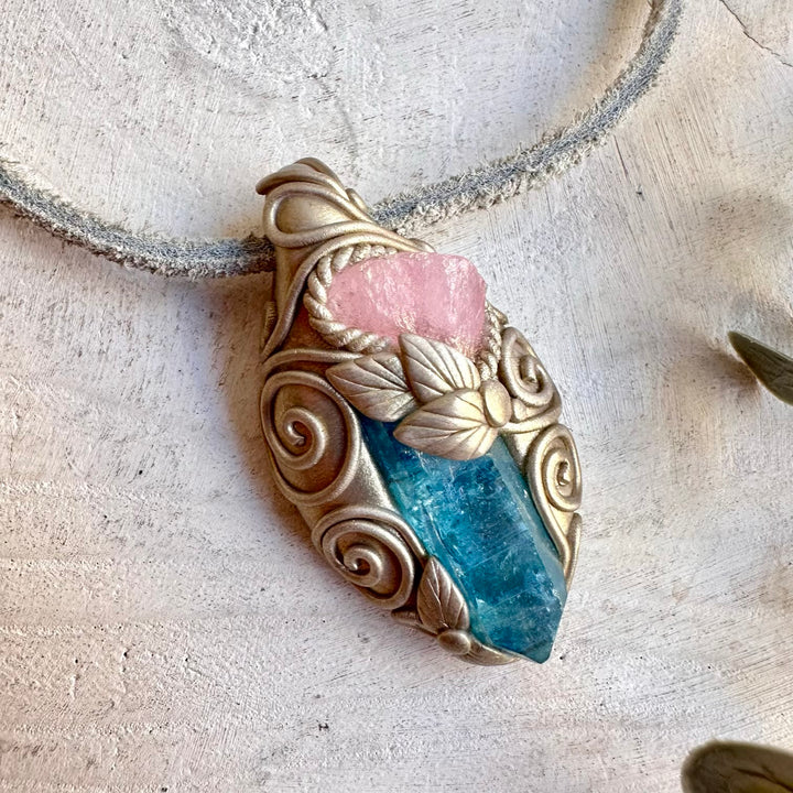 An enchanting spiritual gemstone necklace inspired by love, clarity, emotional harmony, positivity and uplifting energy. A unique handmade crystal talisman for meditation, energy work, intention setting and everyday wear.