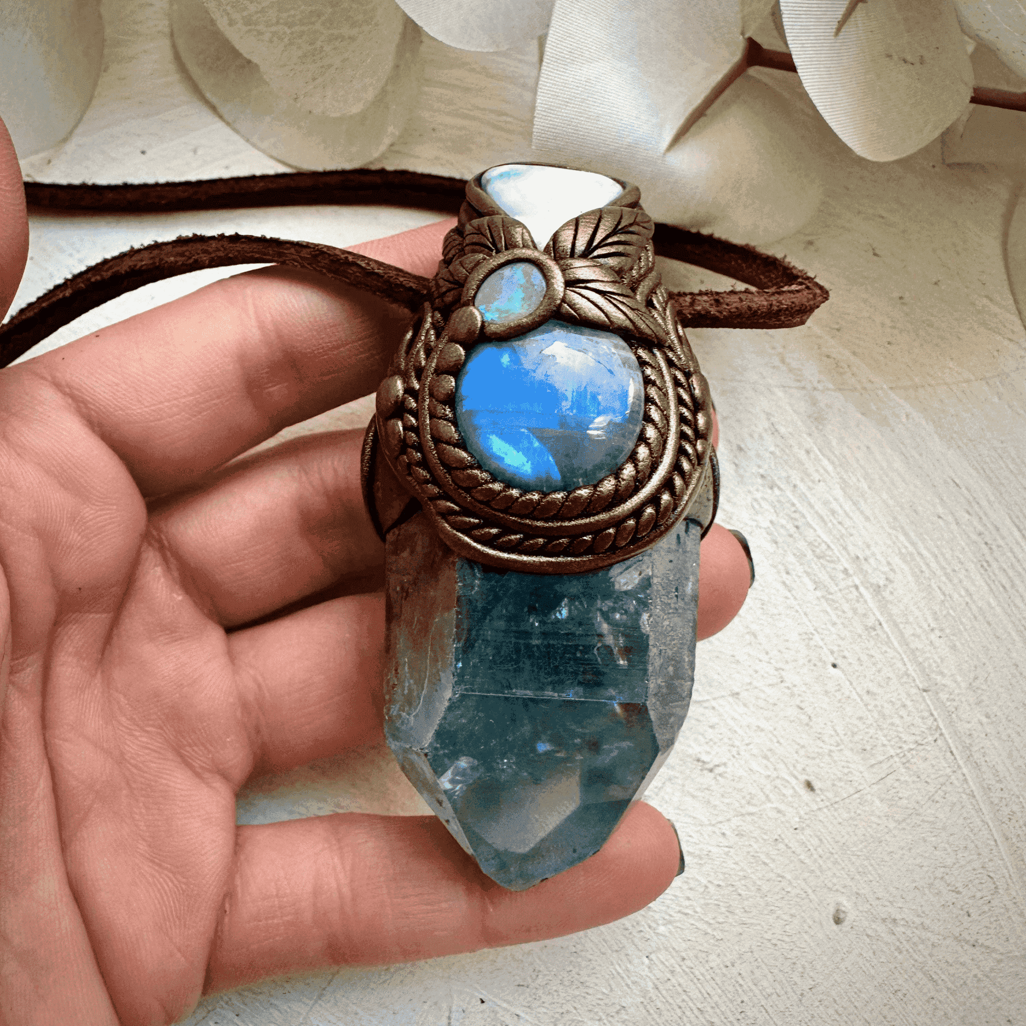 Aqua Aura Quartz Larimar Rainbow Moonstone and Australian Opal Wand / Necklace - FairyGardenGlow