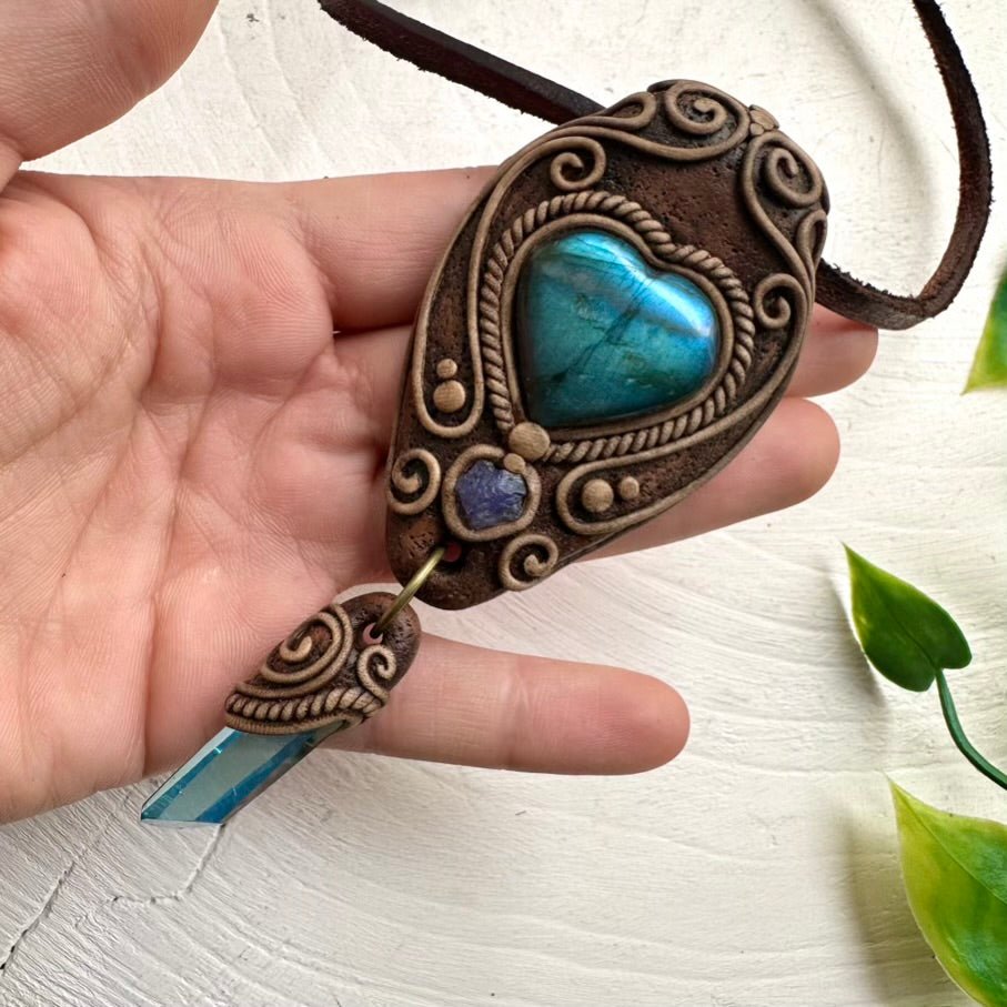 Labradorite Aqua Aura Quartz and Tanzanite Necklace, Handmade Boho Pendant - FairyGardenGlow