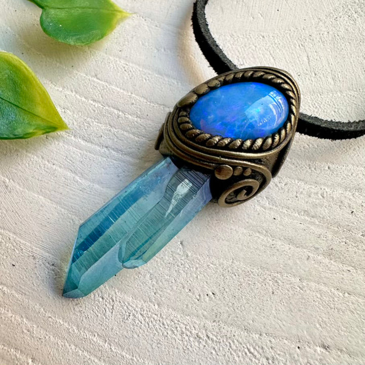 Statement pendant necklace with Aqua Aura Quartz and Australian Opal