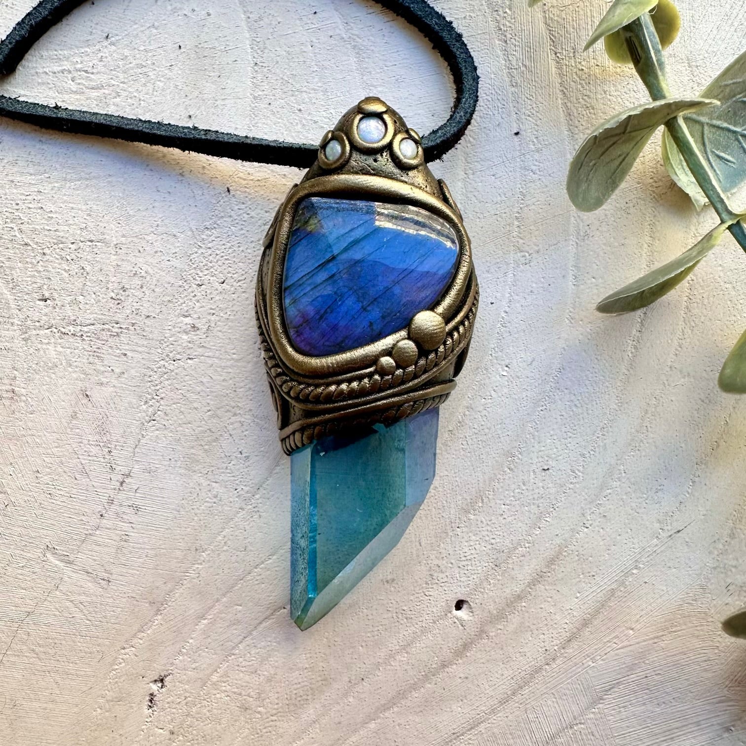 Handmade necklace featuring aqua aura quartz labradorite and Australian opal