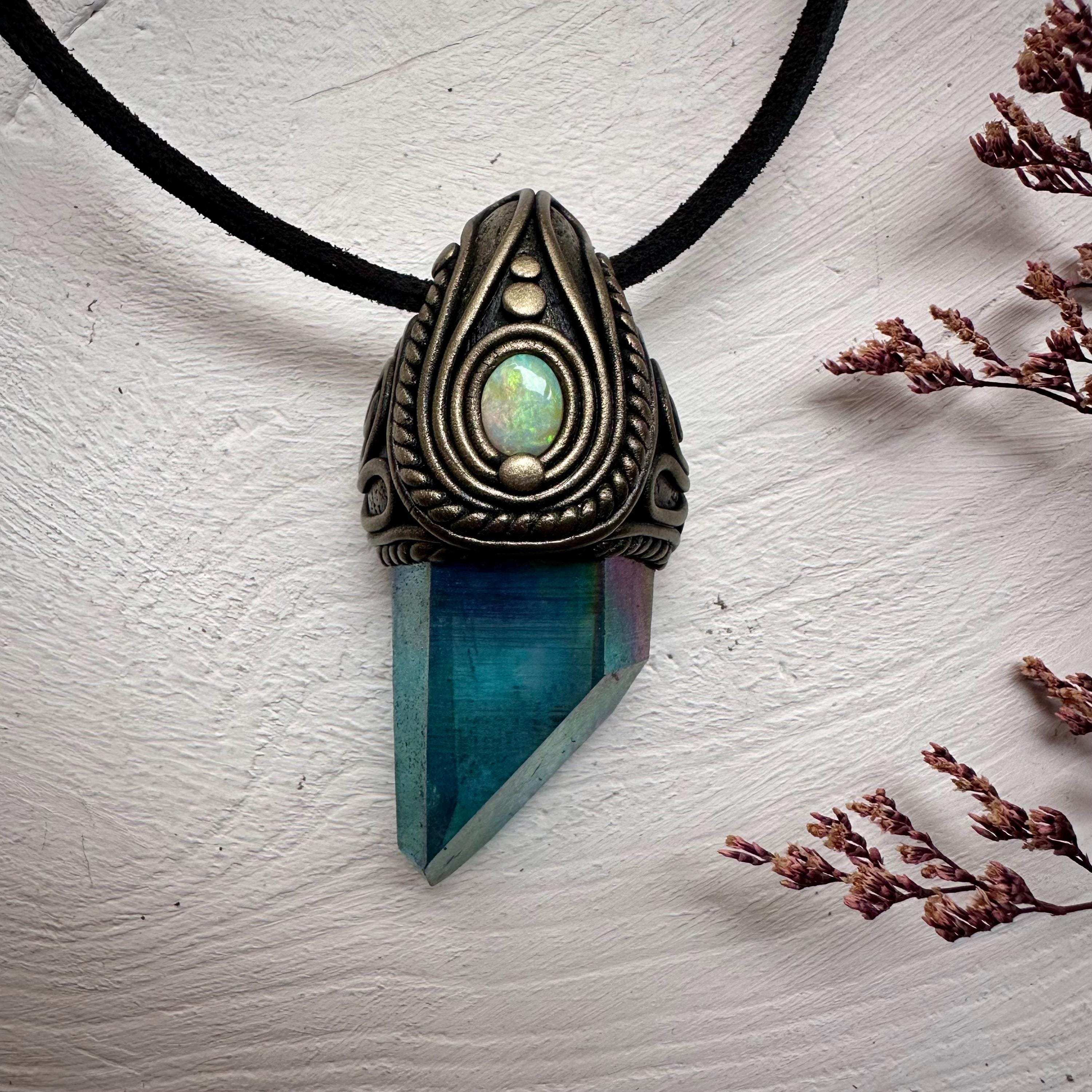 Aqua Aura Quartz and Australian Opal Necklace - FairyGardenGlow