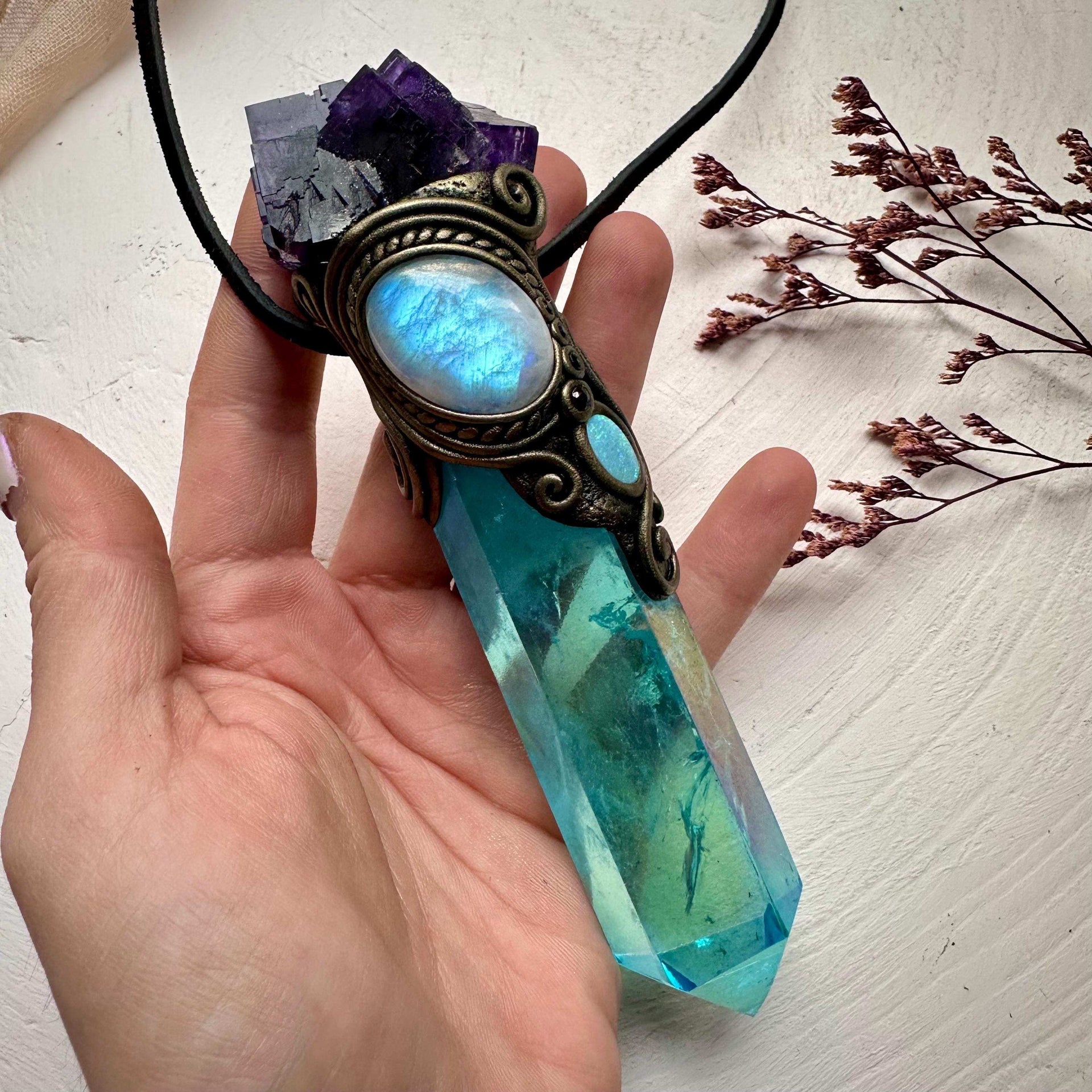 Aqua Aura Quartz Cubic Purple Fluorite Rainbow Moonstone Australian Opal Doublet and Blue Sapphire Wand / Pendant - FairyGardenGlow