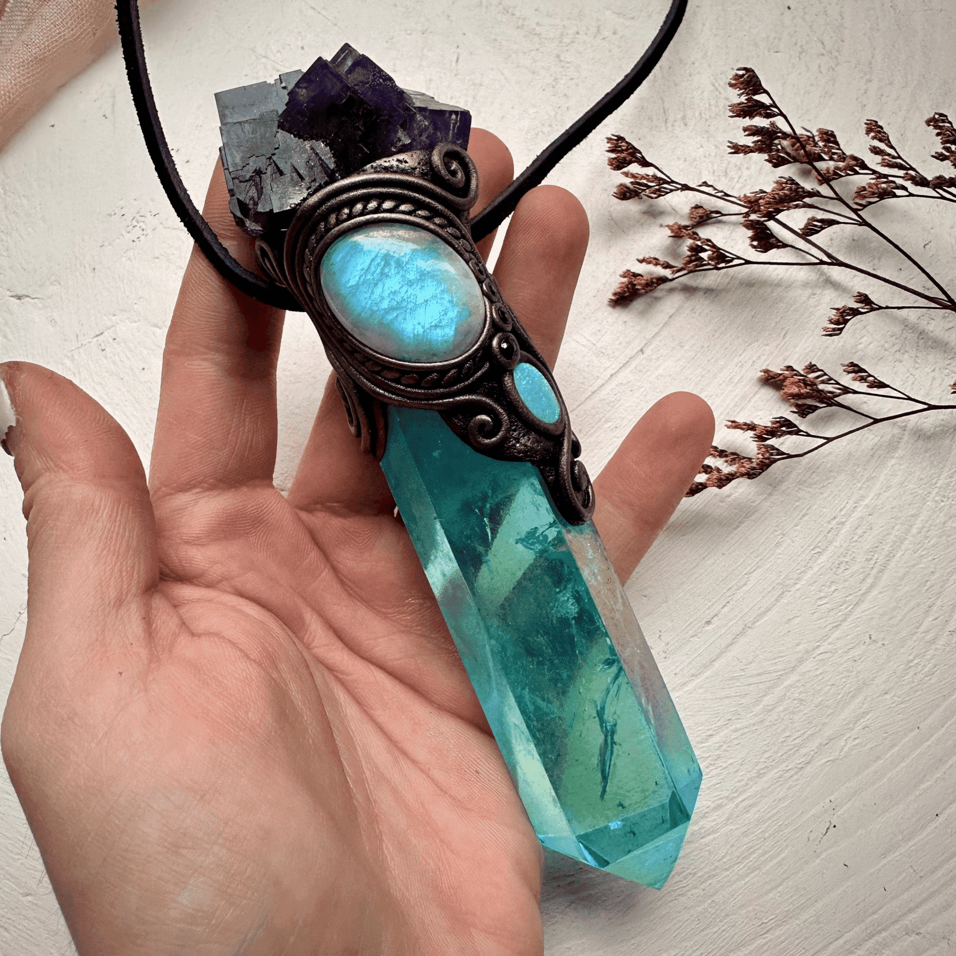 Aqua Aura Quartz Cubic Purple Fluorite Rainbow Moonstone Australian Opal Doublet and Blue Sapphire Wand / Pendant - FairyGardenGlow