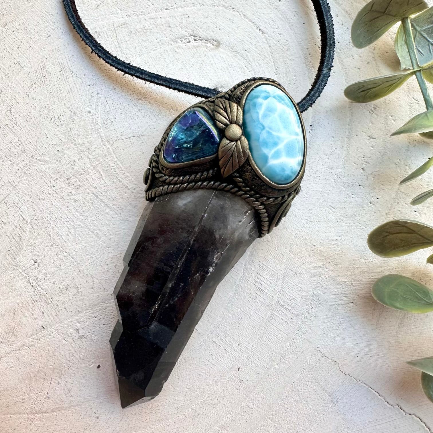 Natural gemstone wand necklace with ocean energy crystals for manifestation and energy work