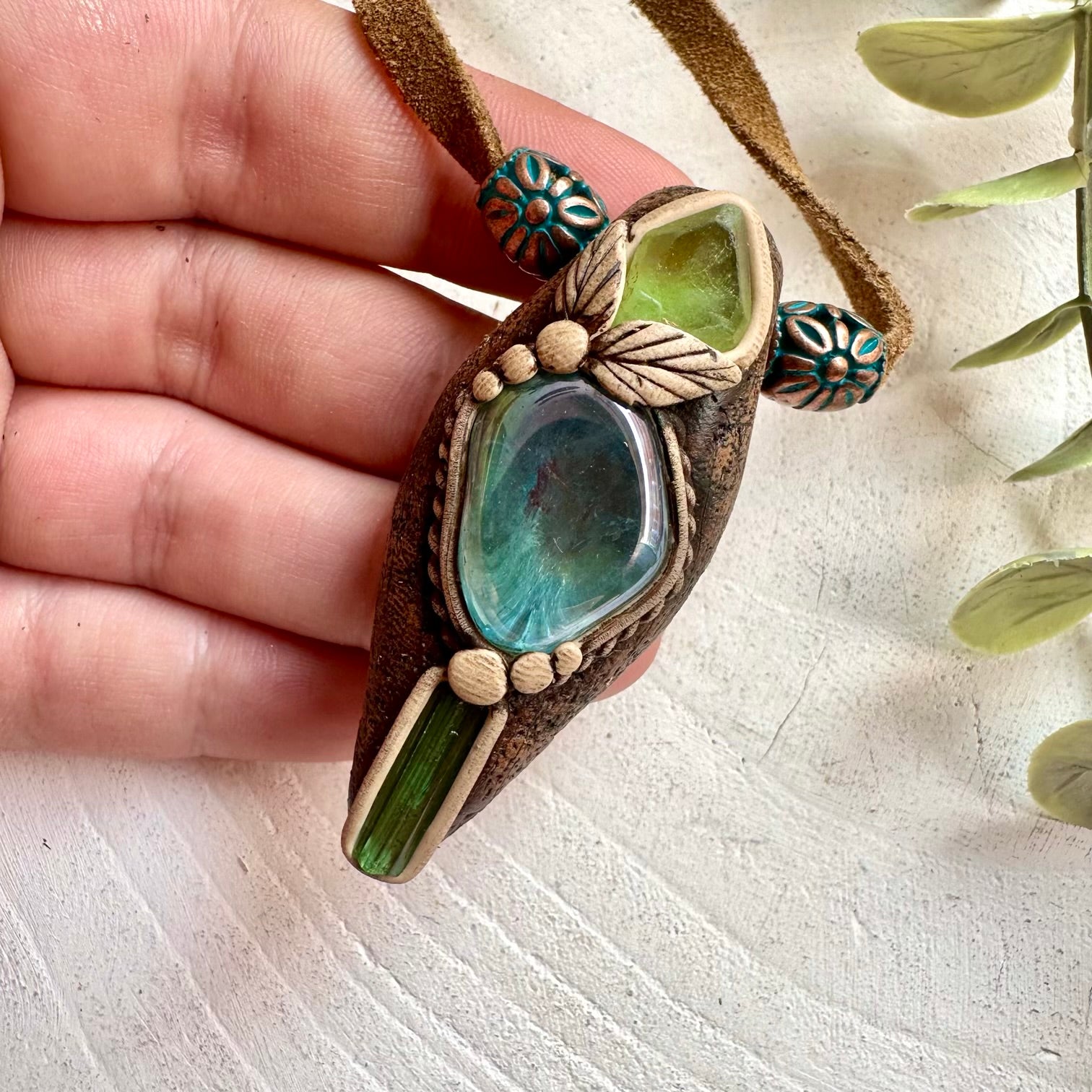 Handmade Aqua Aura Quartz with Peridot and Green Tourmaline necklace featuring natural healing crystals