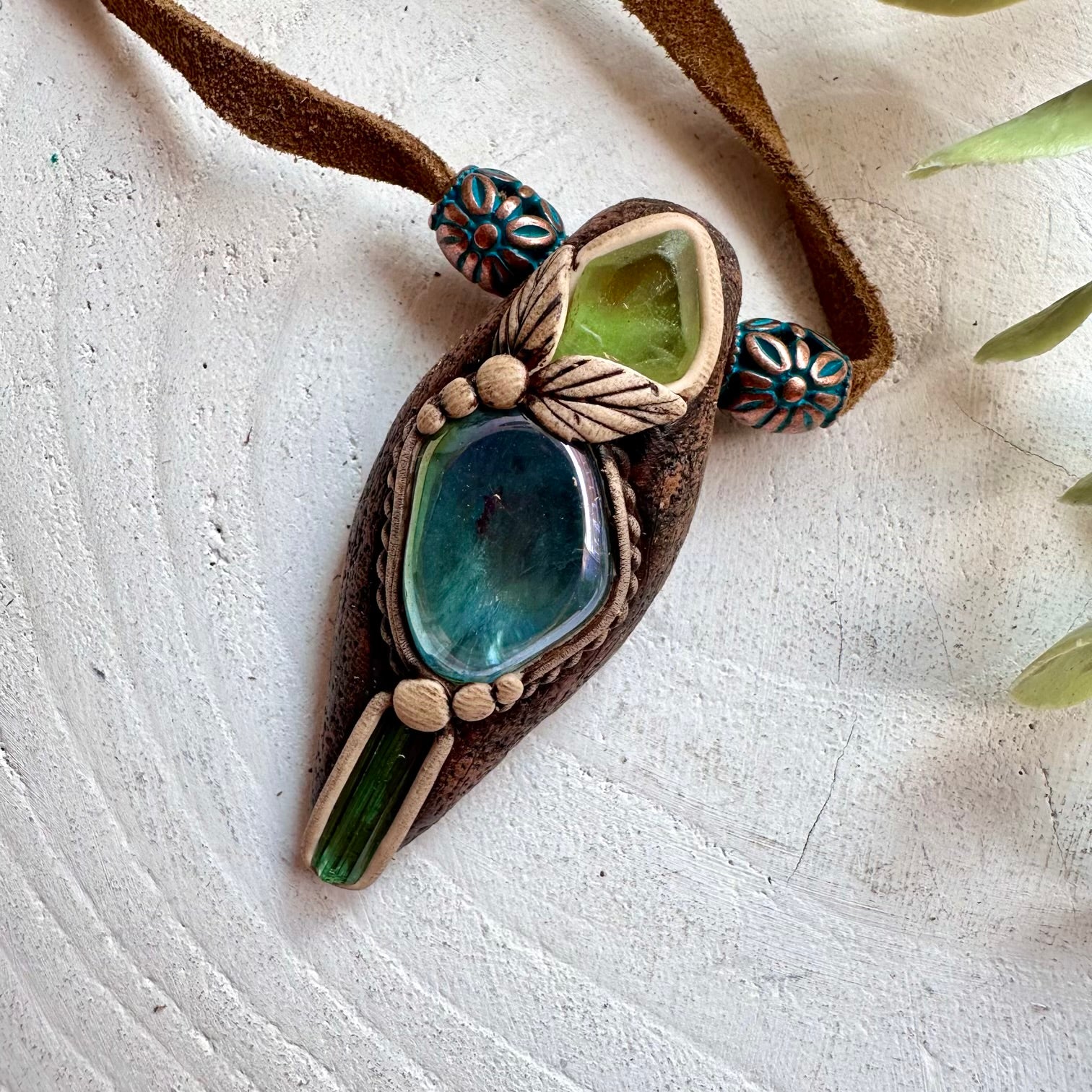 Unique healing crystal necklace with Aqua Aura Quartz, Peridot and Green Tourmaline natural gemstones