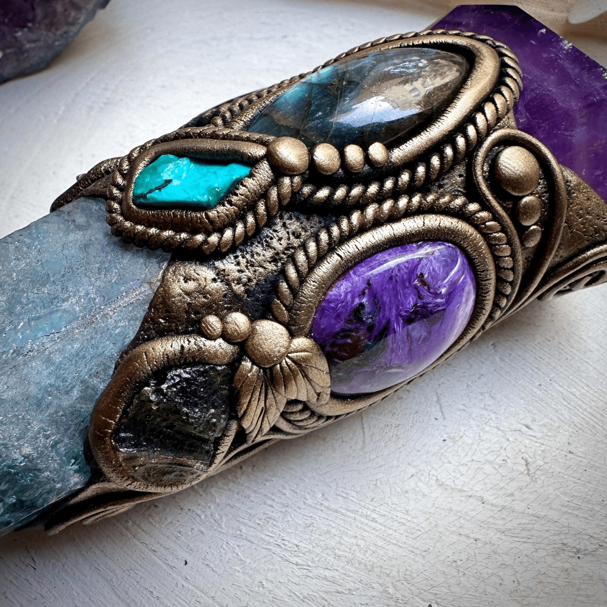Large Aqua Aura Quartz with Polished Amethyst, Labradorite, Charoite, Chrysocolla and Moldavite Wand - FairyGardenGlow