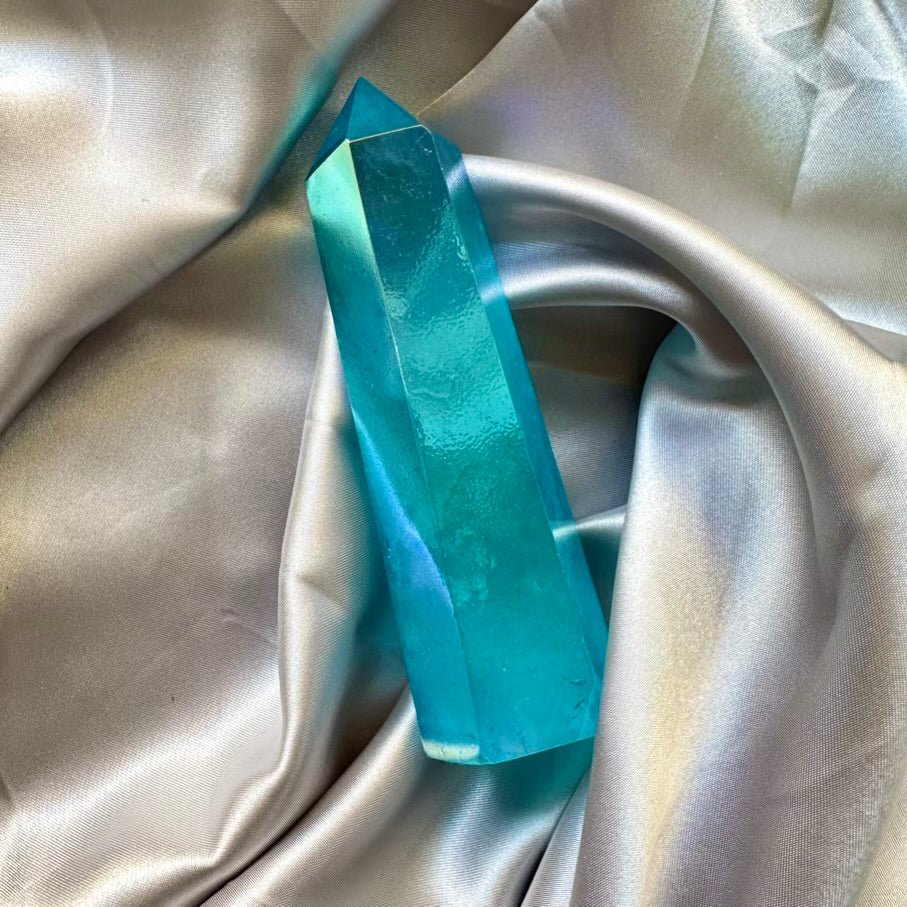 Aqua Aura Quartz Tower – Polished Blue Quartz Crystal Point for Energy Cleansing, Calm & Spiritual Growth - FairyGardenGlow