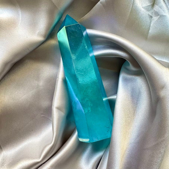Aqua Aura Quartz Tower – Polished Blue Quartz Crystal Point for Energy Cleansing, Calm & Spiritual Growth - FairyGardenGlow