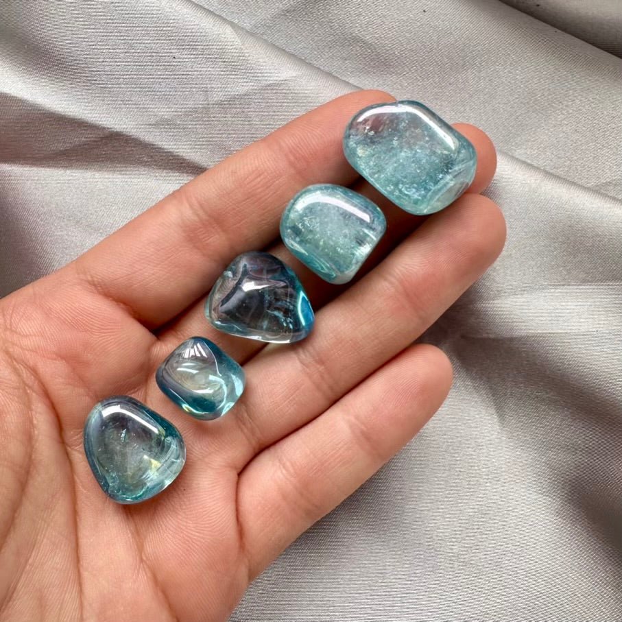 Aqua Aura Quartz Polished Stone – Natural Iridescent Blue Crystal for Energy Healing & Manifestation (1 or 5 Pieces Set) - FairyGardenGlow