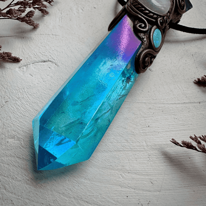 Aqua Aura Quartz Cubic Purple Fluorite Rainbow Moonstone Australian Opal Doublet and Blue Sapphire Wand / Pendant - FairyGardenGlow