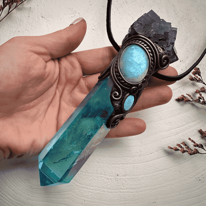 Aqua Aura Quartz Cubic Purple Fluorite Rainbow Moonstone Australian Opal Doublet and Blue Sapphire Wand / Pendant - FairyGardenGlow