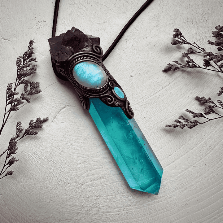Aqua Aura Quartz Cubic Purple Fluorite Rainbow Moonstone Australian Opal Doublet and Blue Sapphire Wand / Pendant - FairyGardenGlow