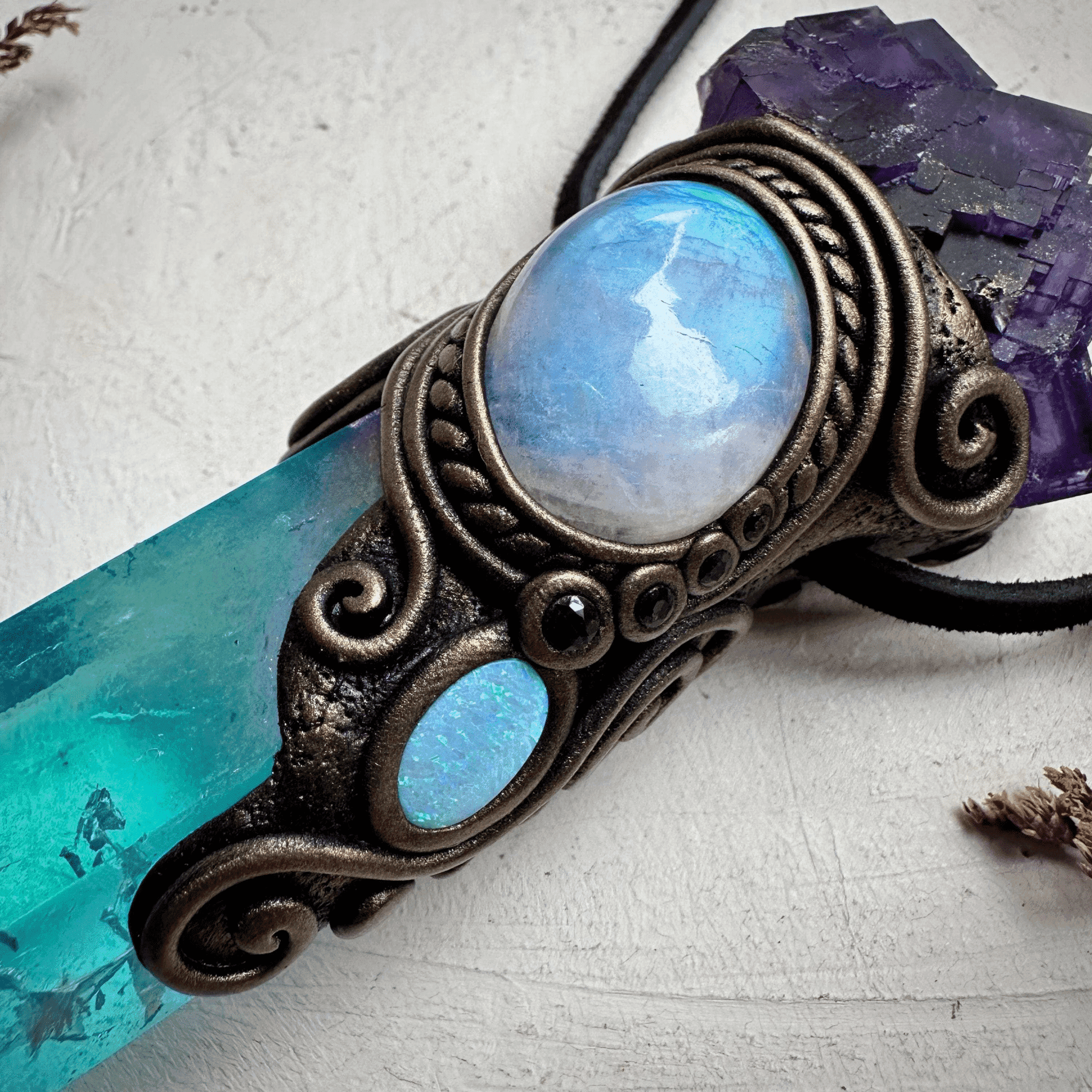 Aqua Aura Quartz Cubic Purple Fluorite Rainbow Moonstone Australian Opal Doublet and Blue Sapphire Wand / Pendant - FairyGardenGlow