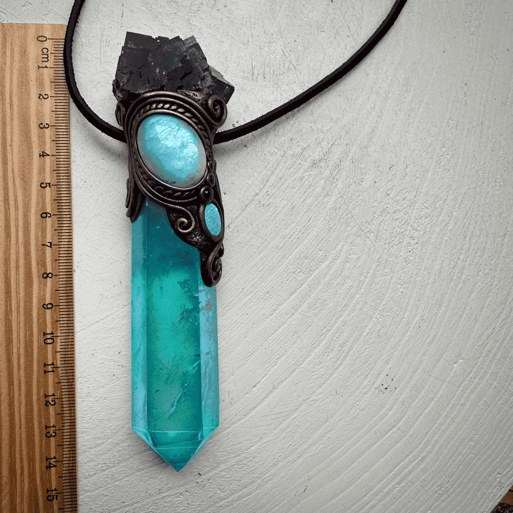 Aqua Aura Quartz Cubic Purple Fluorite Rainbow Moonstone Australian Opal Doublet and Blue Sapphire Wand / Pendant - FairyGardenGlow