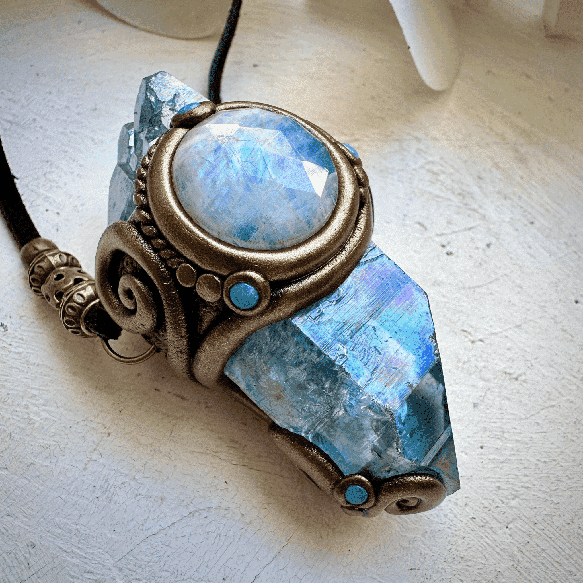 Aqua Aura Quartz Rainbow Moonstone Australian Opal Wand / Necklace - FairyGardenGlow