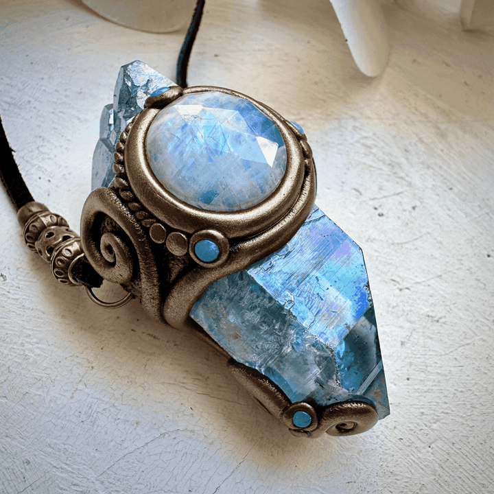 Aqua Aura Quartz Rainbow Moonstone Australian Opal Wand / Necklace - FairyGardenGlow