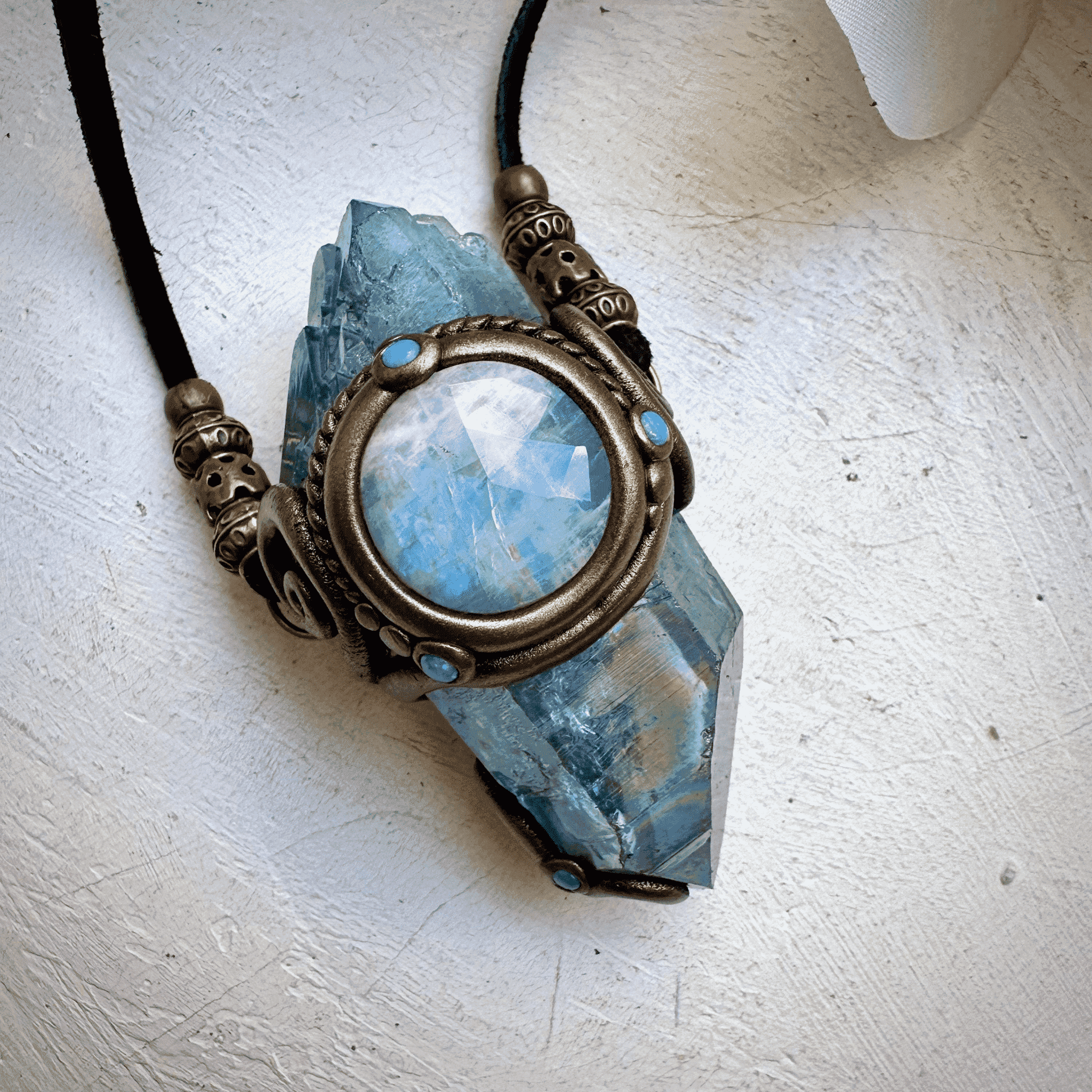 Aqua Aura Quartz Rainbow Moonstone Australian Opal Wand / Necklace - FairyGardenGlow