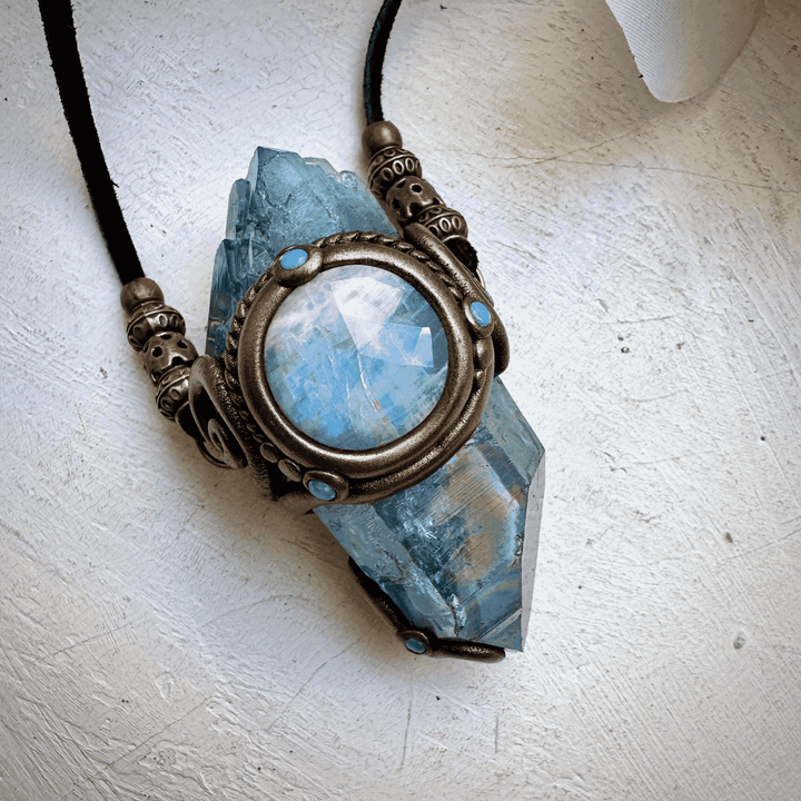 Aqua Aura Quartz Rainbow Moonstone Australian Opal Wand / Necklace - FairyGardenGlow
