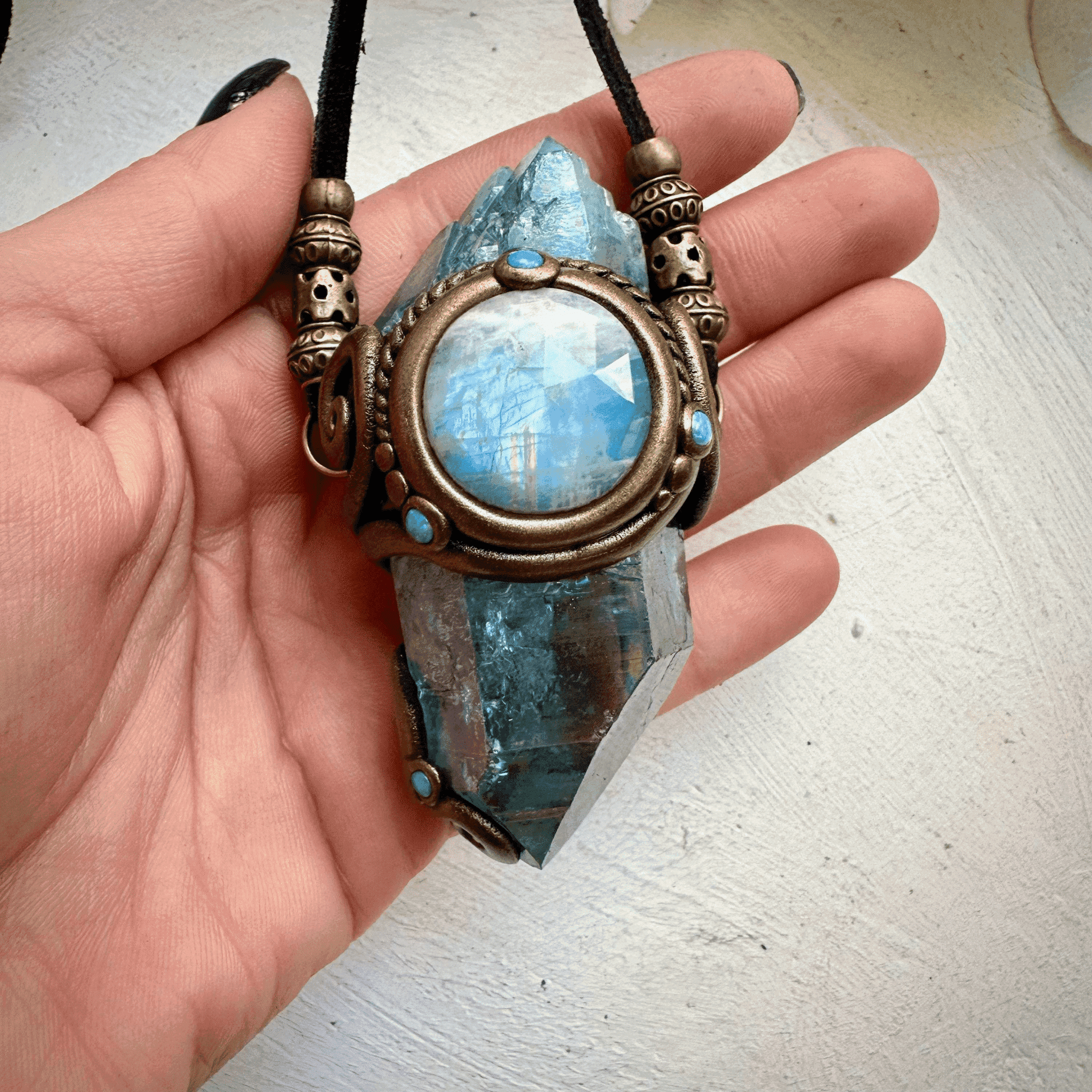 Aqua Aura Quartz Rainbow Moonstone Australian Opal Wand / Necklace - FairyGardenGlow