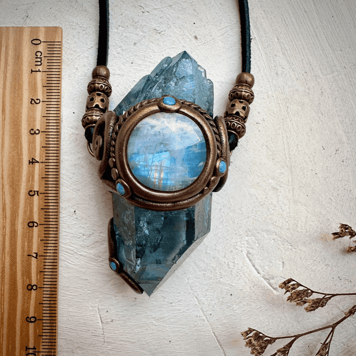 Aqua Aura Quartz Rainbow Moonstone Australian Opal Wand / Necklace - FairyGardenGlow