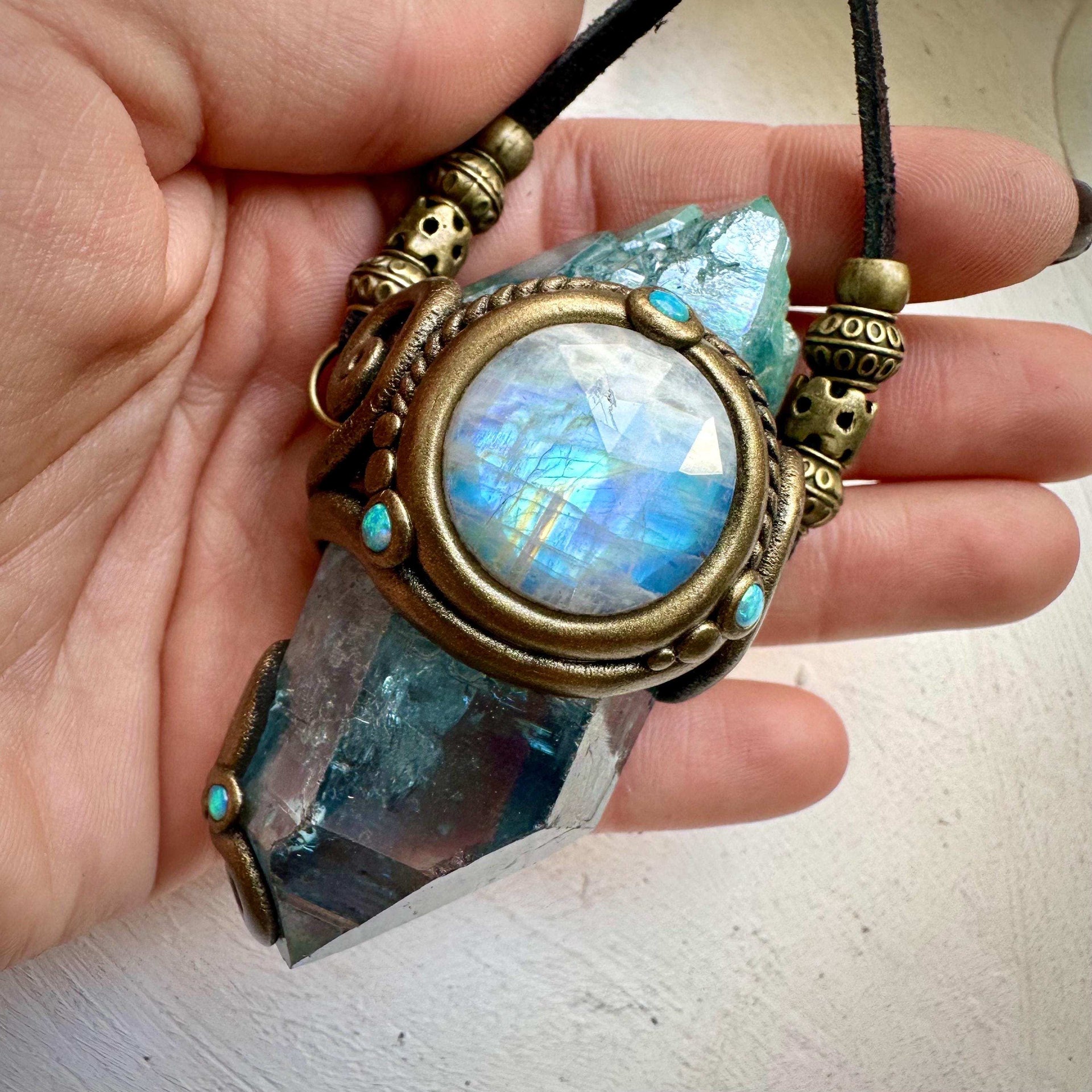 Aqua Aura Quartz Rainbow Moonstone Australian Opal Wand / Necklace - FairyGardenGlow