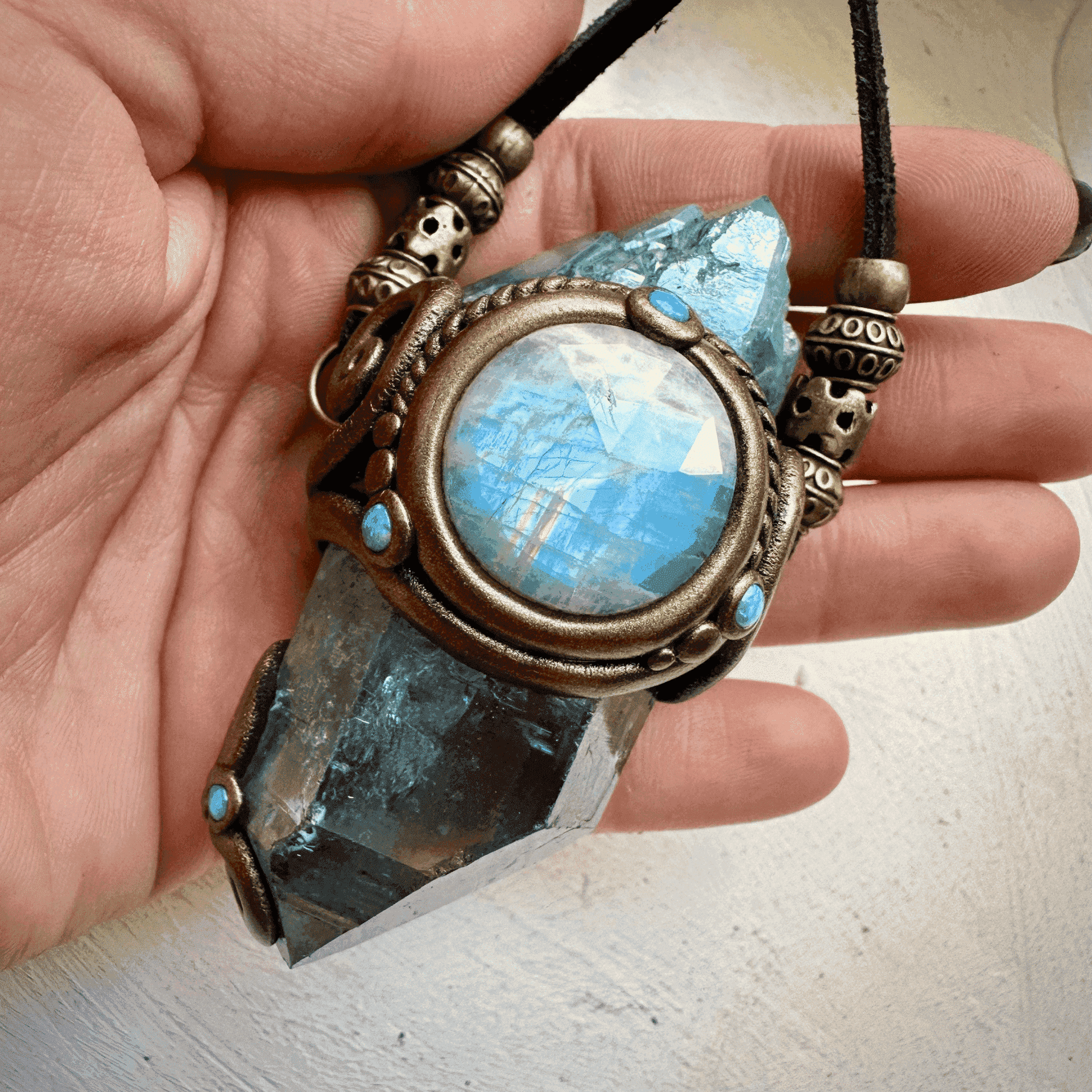 Aqua Aura Quartz Rainbow Moonstone Australian Opal Wand / Necklace - FairyGardenGlow