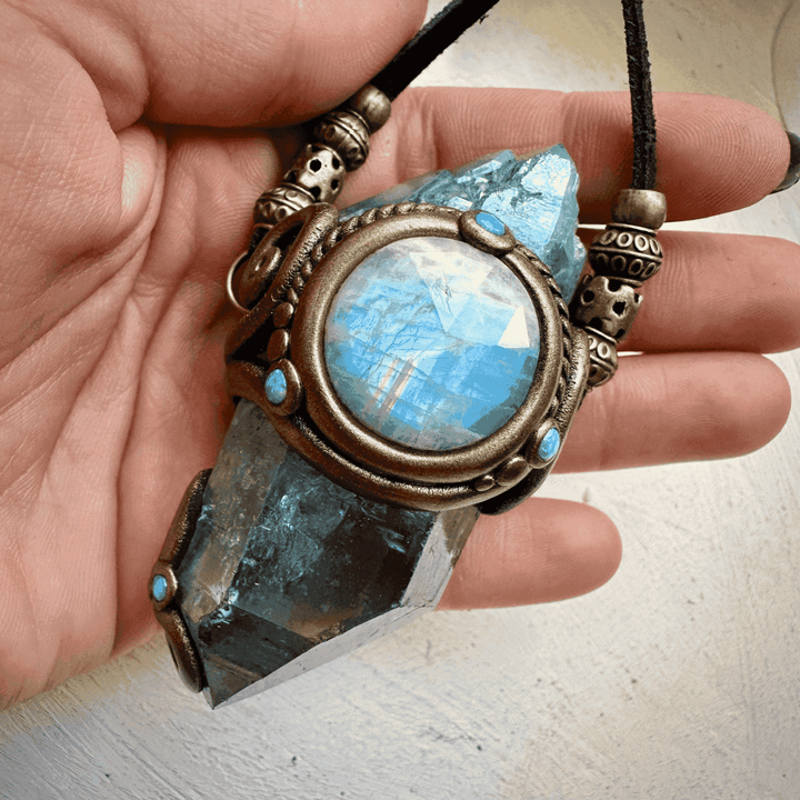 Aqua Aura Quartz Rainbow Moonstone Australian Opal Wand / Necklace - FairyGardenGlow