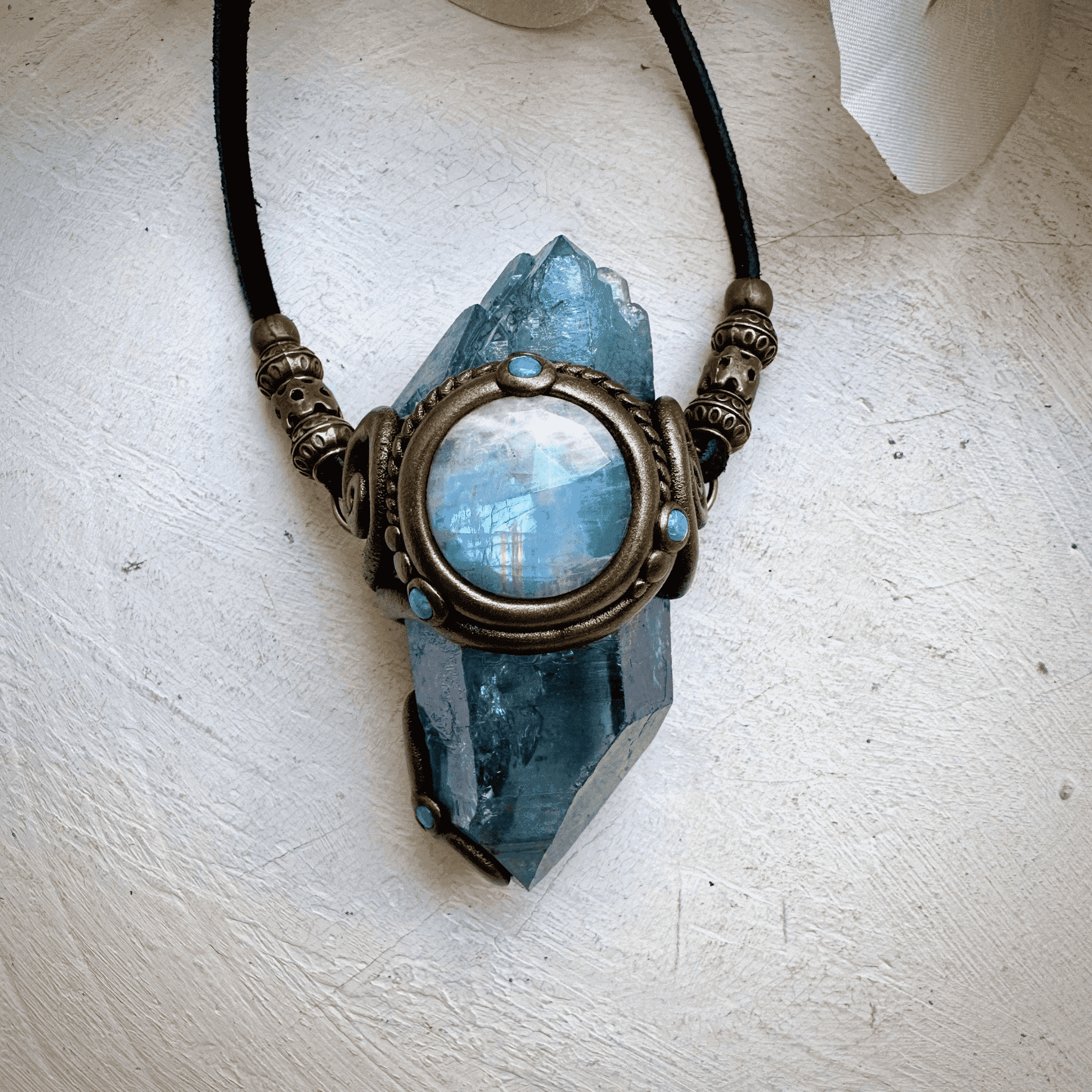 Aqua Aura Quartz Rainbow Moonstone Australian Opal Wand / Necklace - FairyGardenGlow