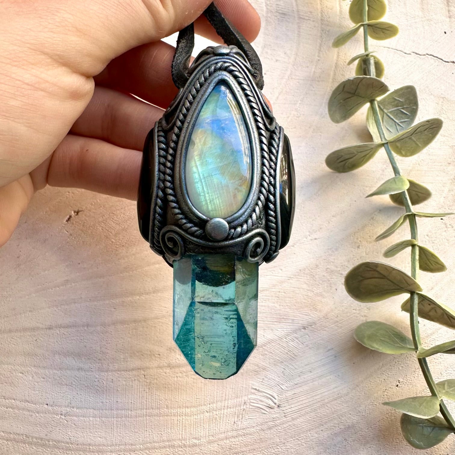 Aqua aura quartz with rainbow moonstone and black onyx necklace