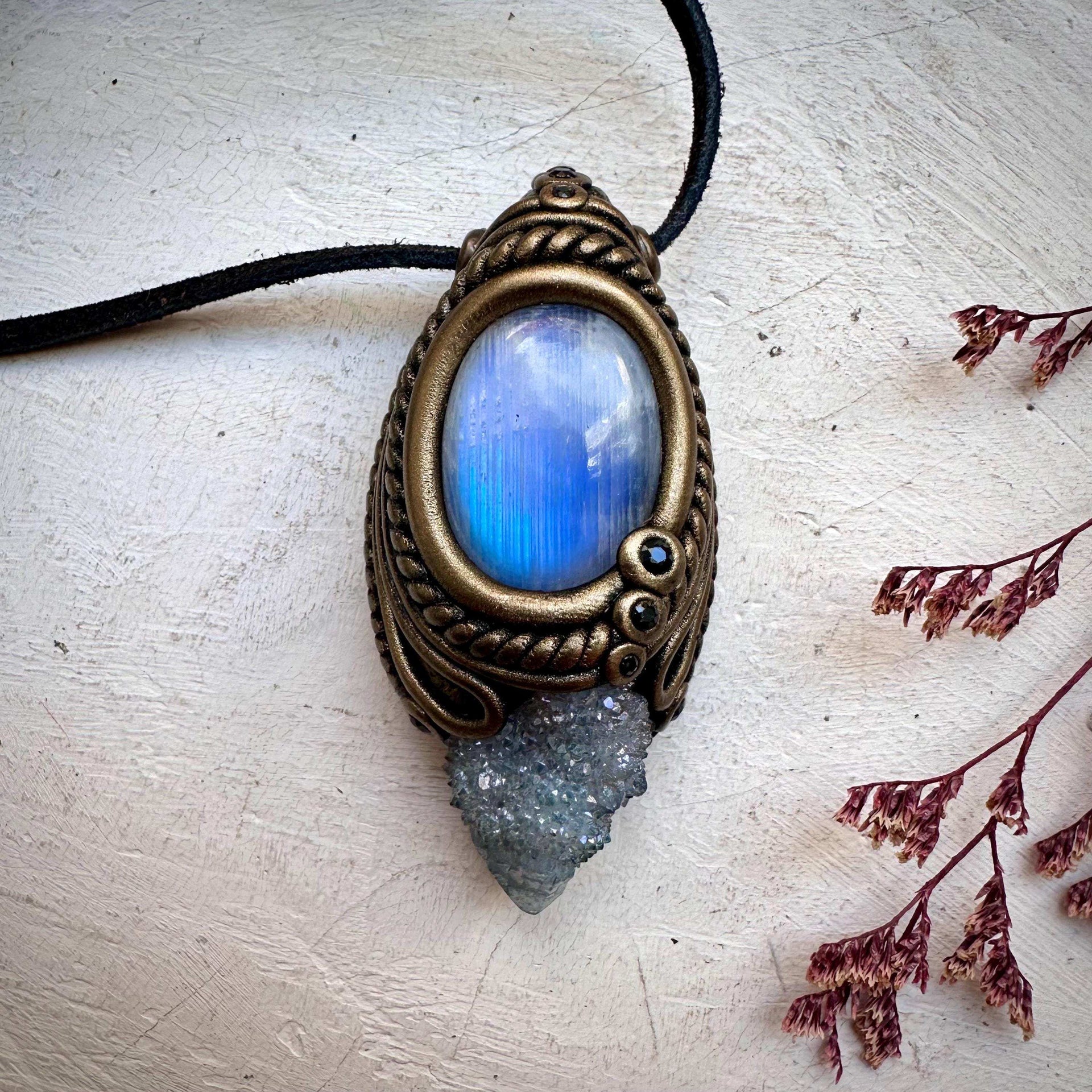 Aqua Aura Quartz Rainbow Moonstone and Blue Sapphire Necklace - FairyGardenGlow