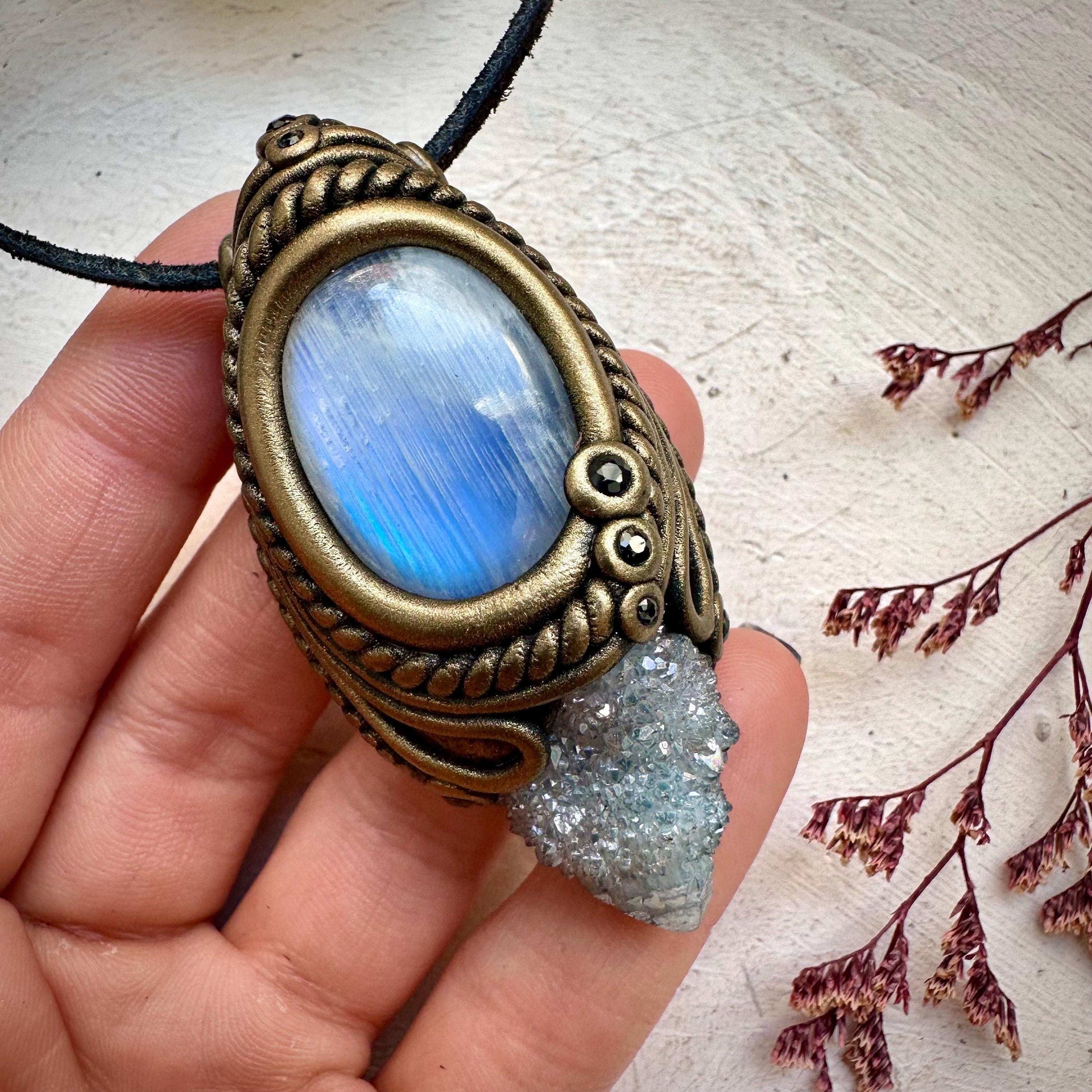 Aqua Aura Quartz Rainbow Moonstone and Blue Sapphire Necklace - FairyGardenGlow