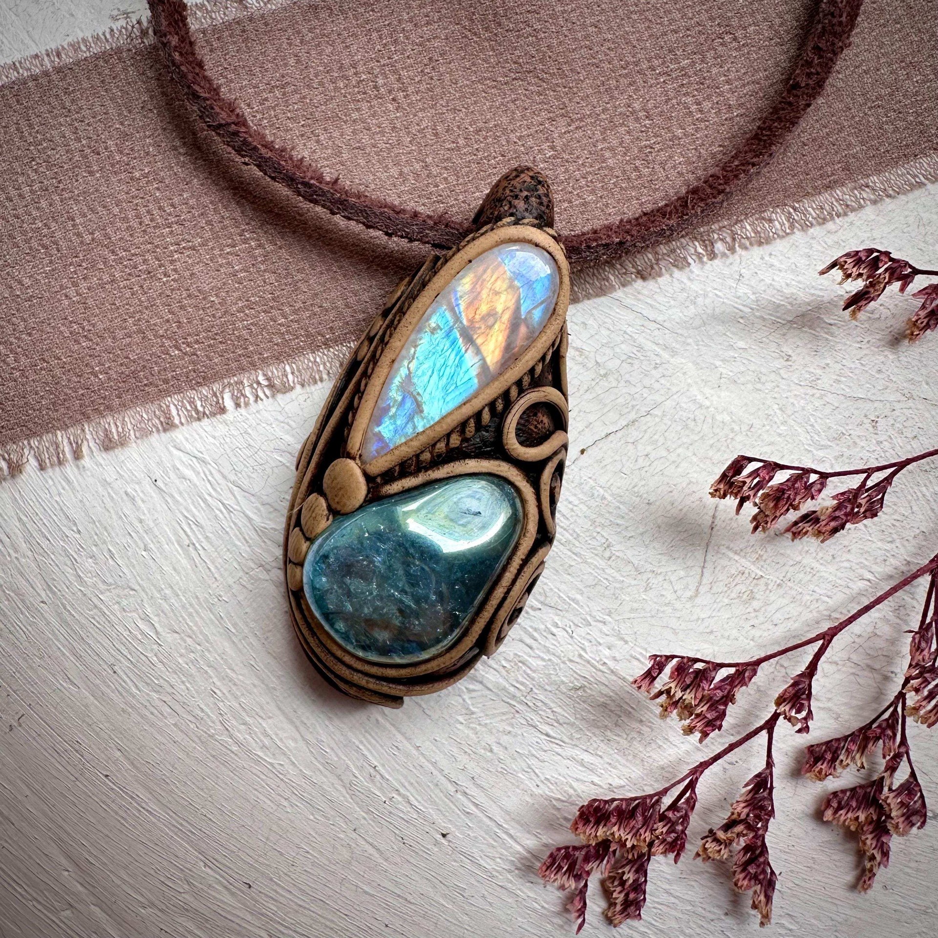 Aqua Aura Quartz and Rainbow Moonstone Necklace - FairyGardenGlow