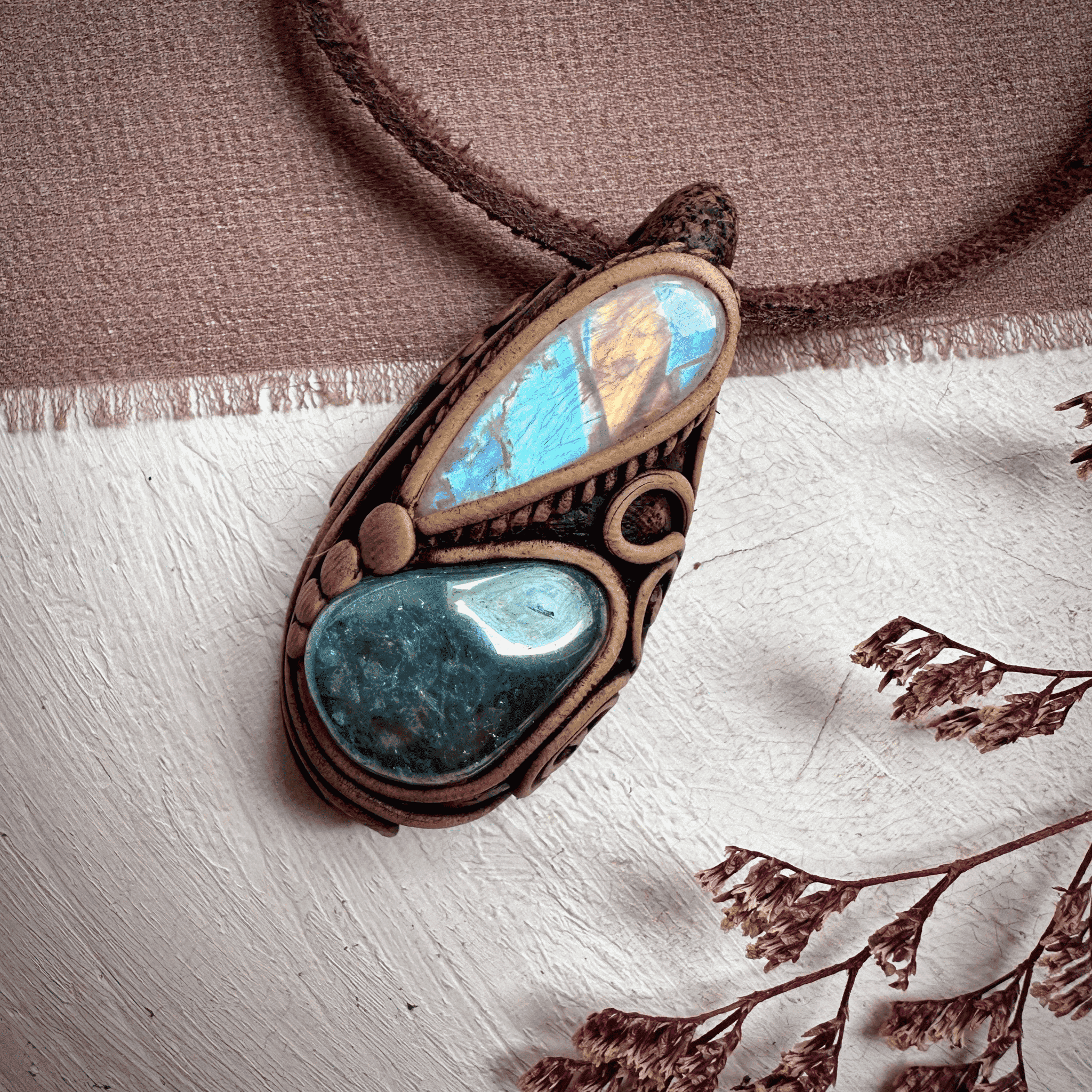 Aqua Aura Quartz and Rainbow Moonstone Necklace - FairyGardenGlow