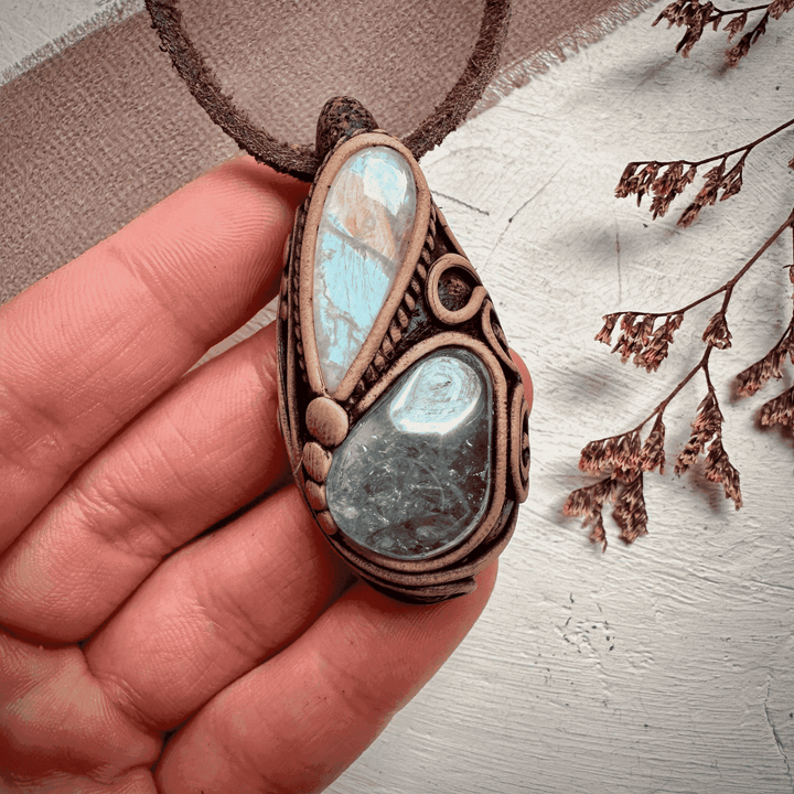 Aqua Aura Quartz and Rainbow Moonstone Necklace - FairyGardenGlow