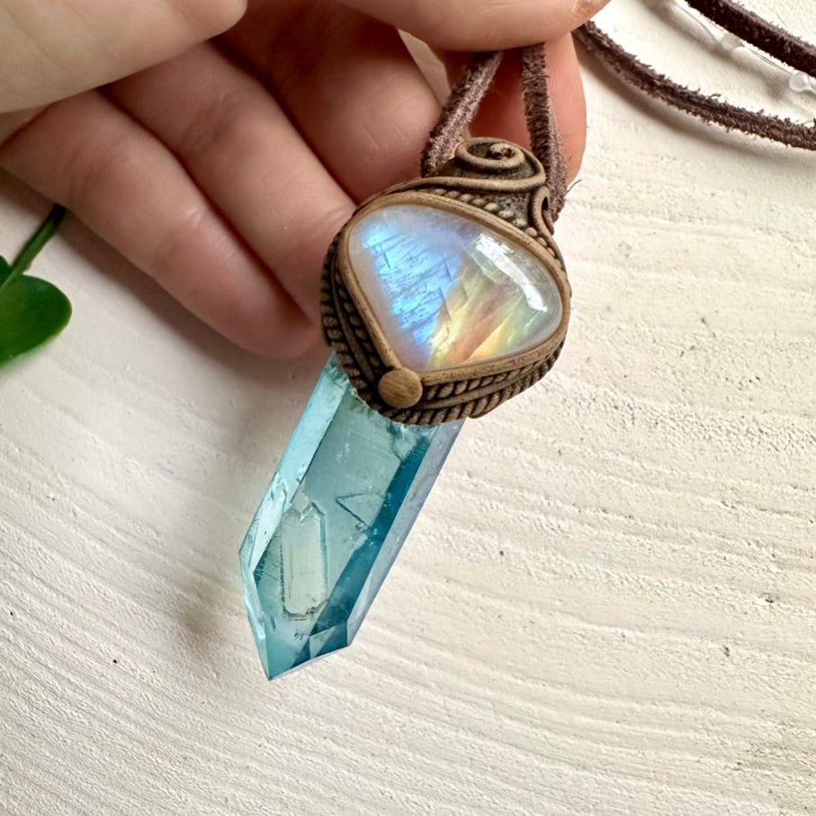 Aqua Aura Quartz and Rainbow Moonstone pendant necklace – handmade crystal jewelry