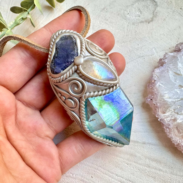 Aqua aura quartz with rainbow moonstone and raw tanzanite pendant necklace