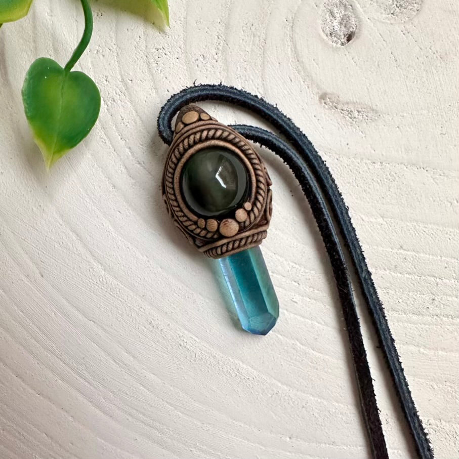 Unique gemstone necklace with Aqua Aura Quartz and Rainbow Obsidian