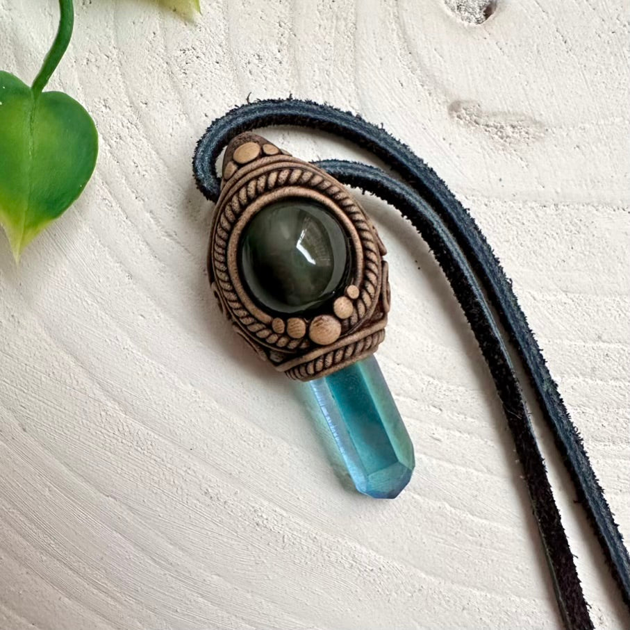 Aqua Aura Quartz pendant paired with Rainbow Obsidian gemstone