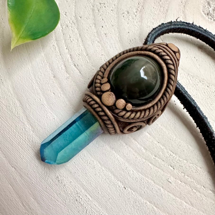 Handmade jewelry with Aqua Aura Quartz crystal and Rainbow Obsidian
