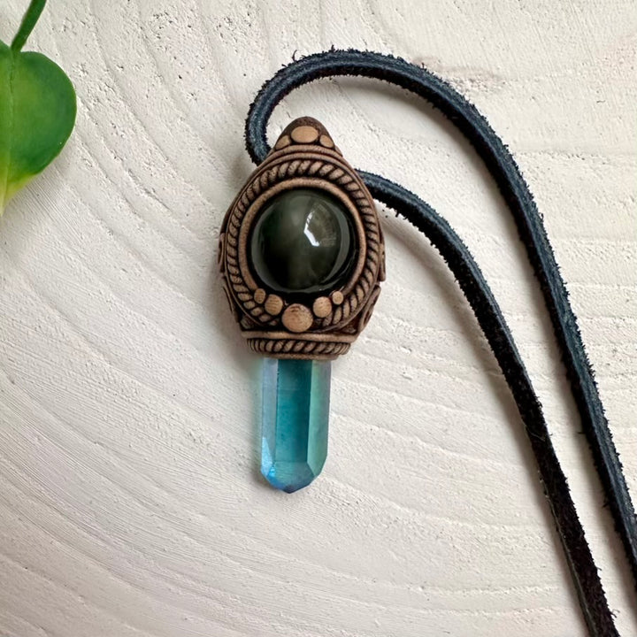 Aqua Aura Quartz and Rainbow Obsidian pendant necklace – handmade unisex jewelry