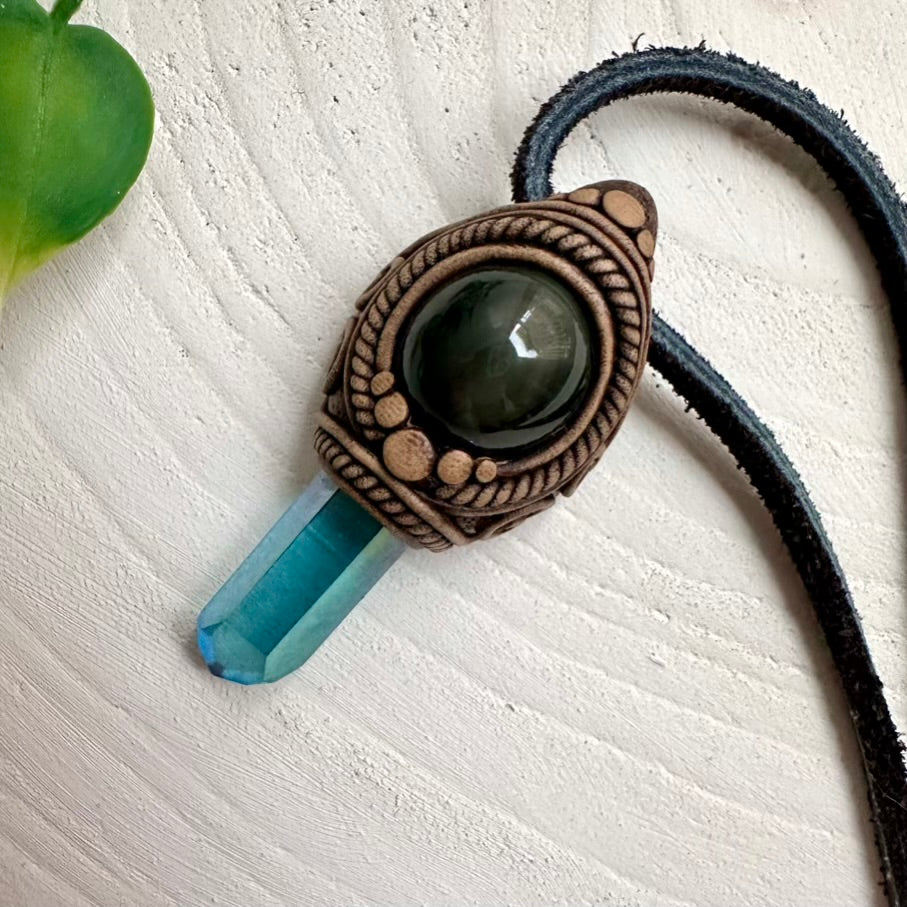 Boho necklace featuring Aqua Aura Quartz and Rainbow Obsidian